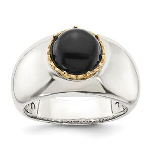 925 Sterling Silver Genuine Fine Jewelry w/14k Round Black Onyx Ring